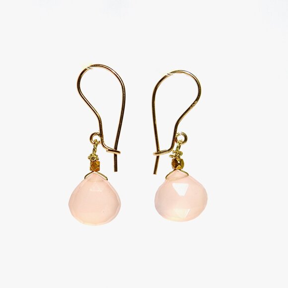 14k Solid Yellow Gold Pink Chalcedony Tear Drop Dangler/Earrings